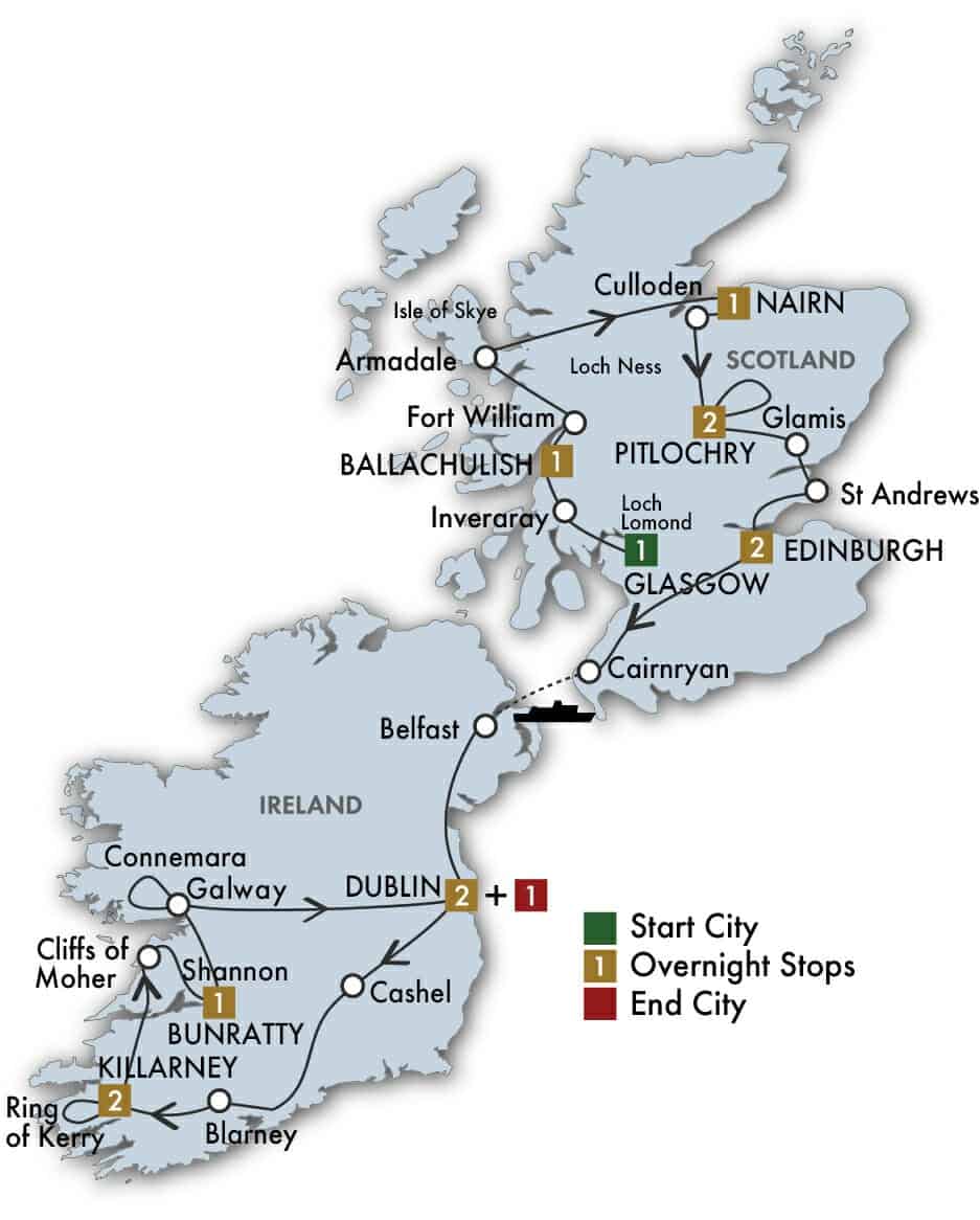 14 Day Scottish & Irish Dream tour map